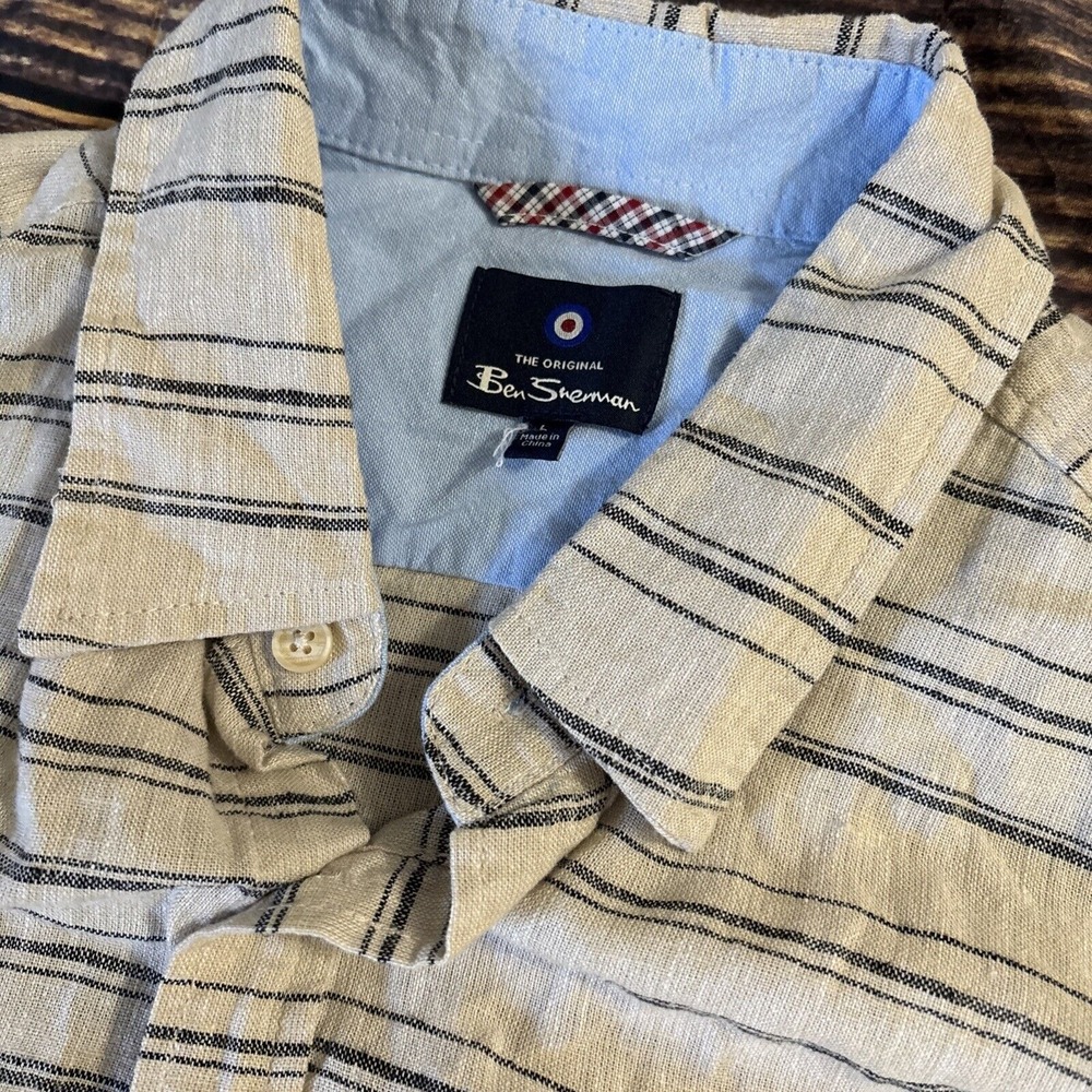 Ben Sherman Mens Shirt Size Large Button Front Striped Short Sleeve Linen Blend - Picture 2 of 9